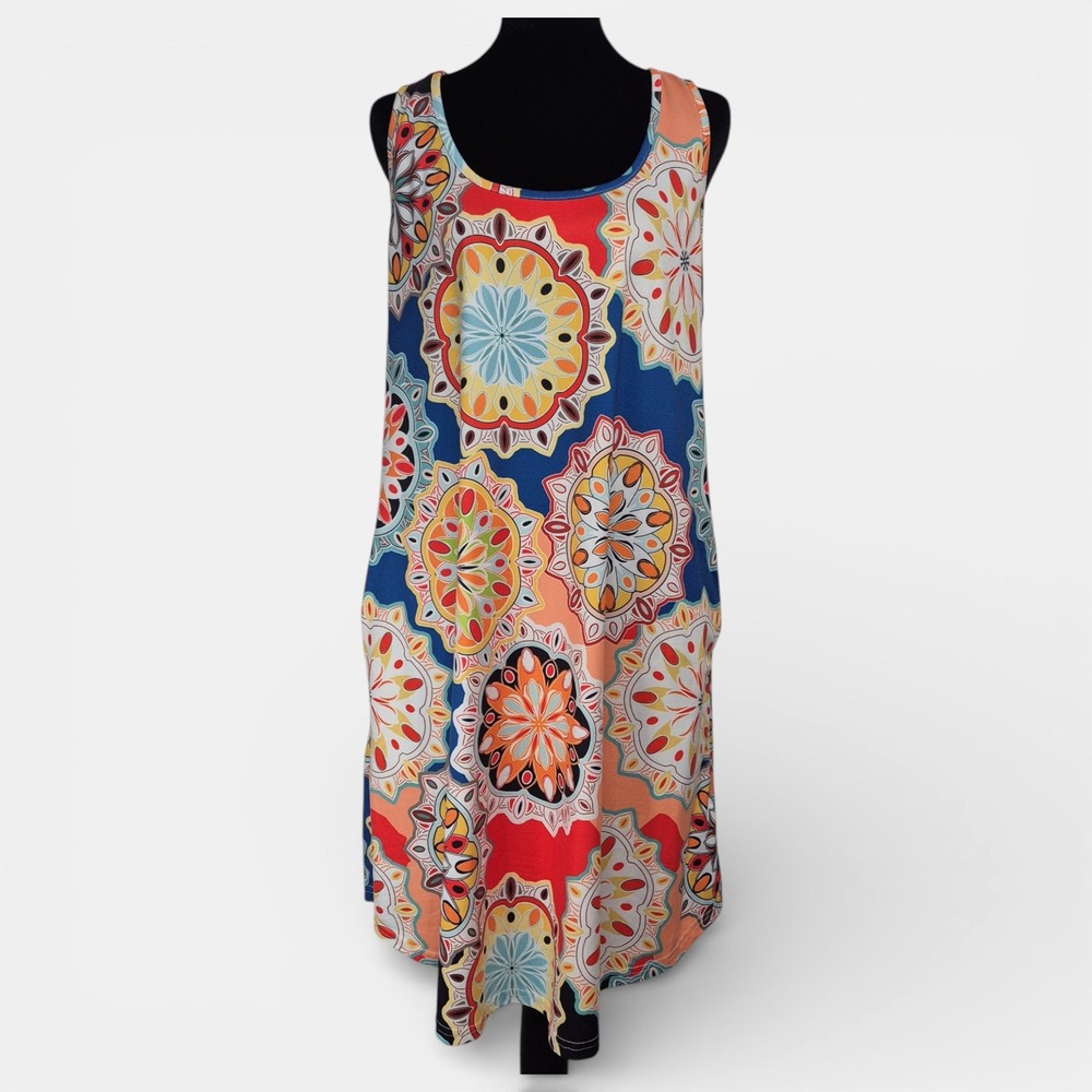 Luckymore Womens Mandala Floral Print Sleeveless Scoop‎ Neck Shift Dress Multi
